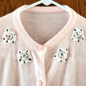 Vintage Pink Cardigan with Floral Embellishments - young girl size or XS Womens